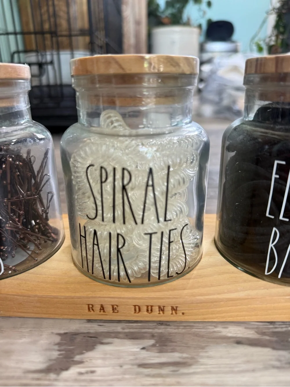 Rae Dunn Set Small Glass Jar w/Wood Lid with Bobby Pins Hair Ties & Bands NEW